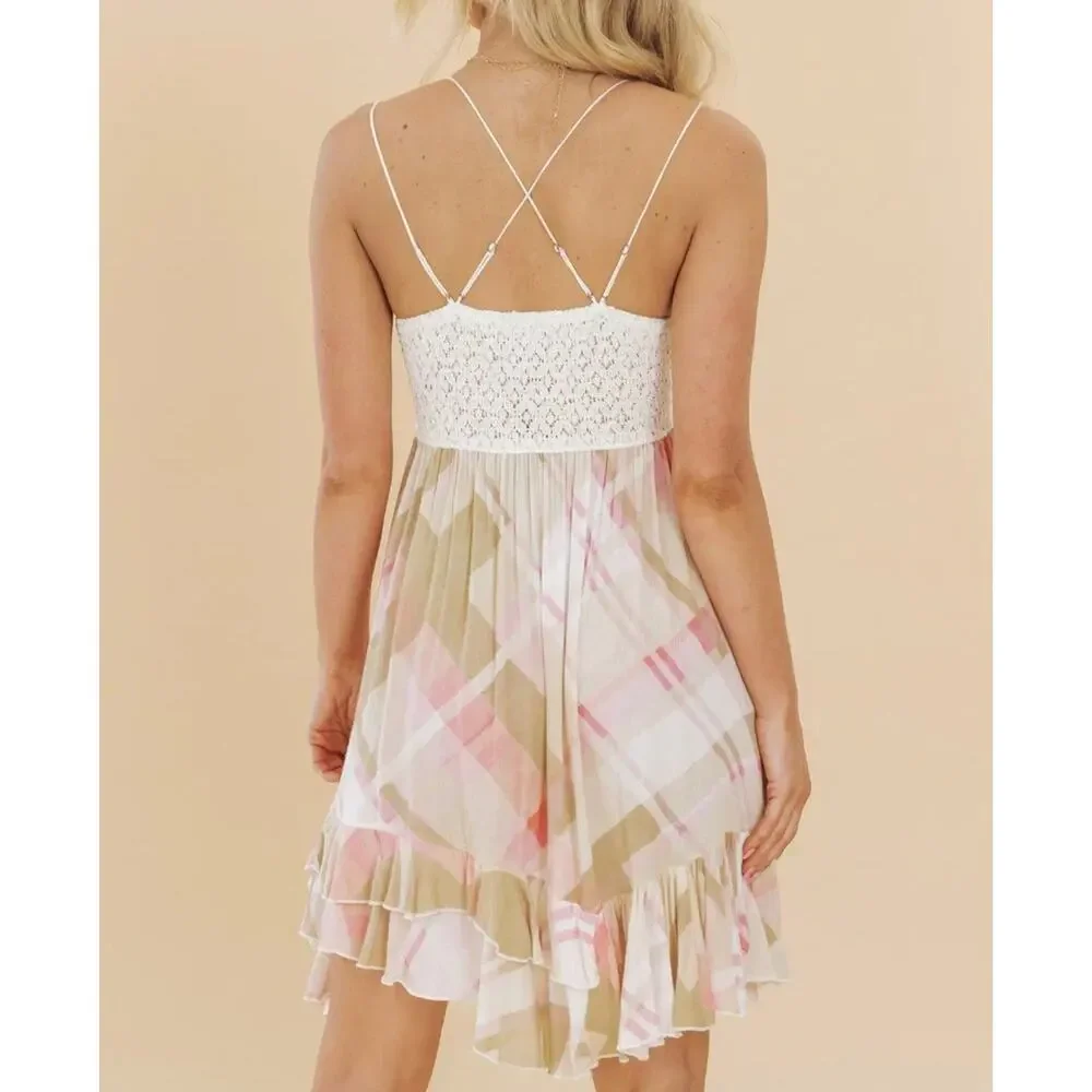 FP Intimately Free People Adella Mini Slip Dress Sz Large Pink Plaid Ruffle $98 - Picture 2 of 16